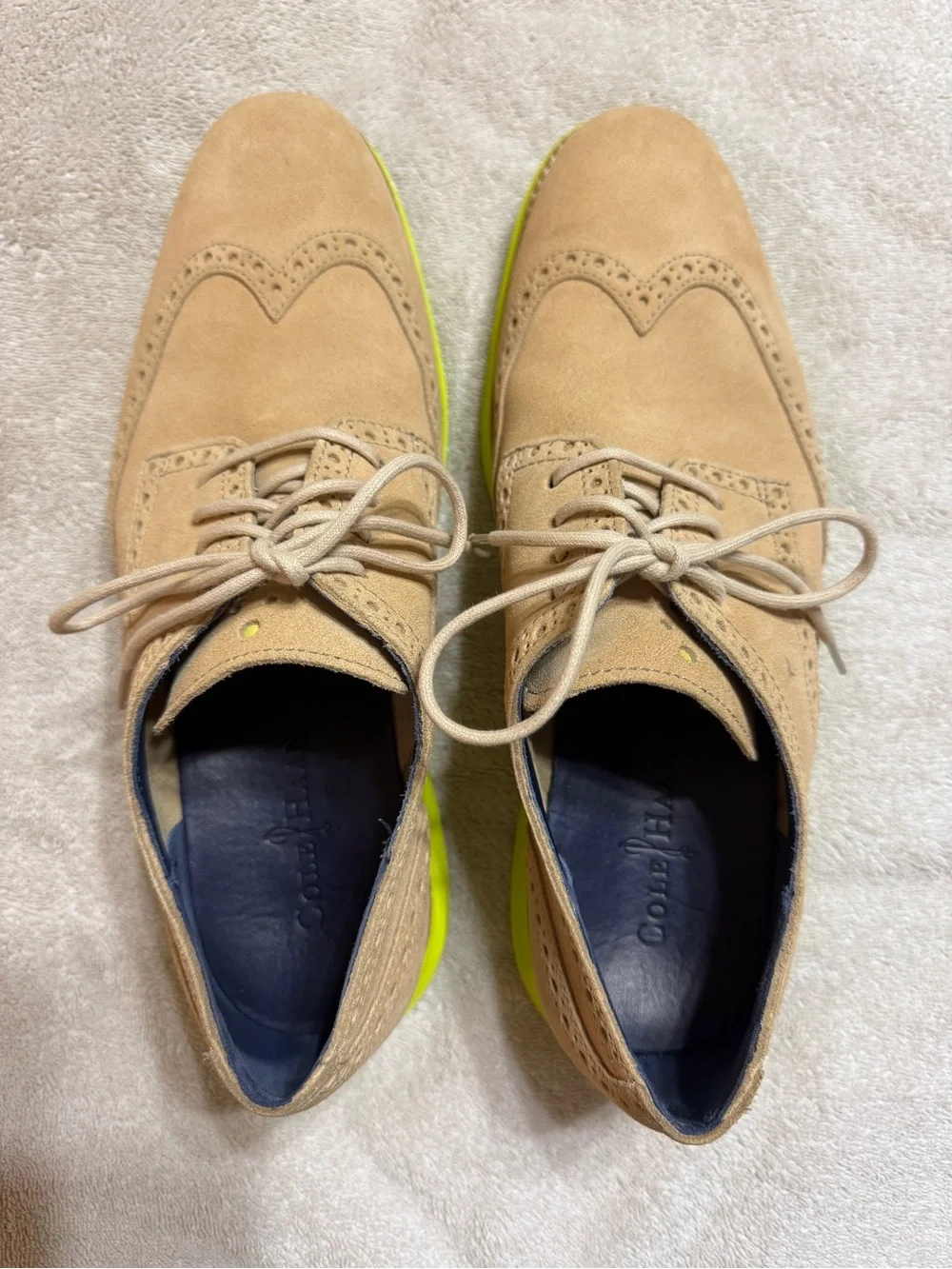 Men's Suede Wingtip Oxford in Tan with Lime Accent Sole